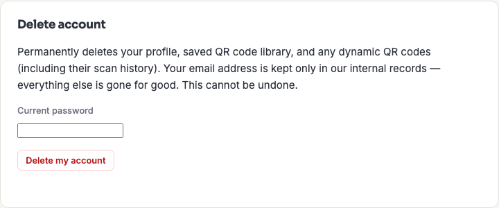 The Delete account panel on My Profile, with the password confirmation field.