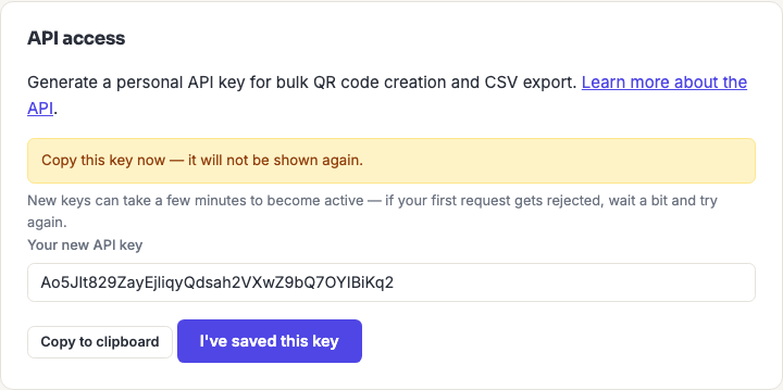 The API access panel on My Profile, showing a newly generated key with a copy button.