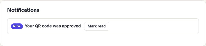 The Business QR Library notifications panel showing a new, unread notification.