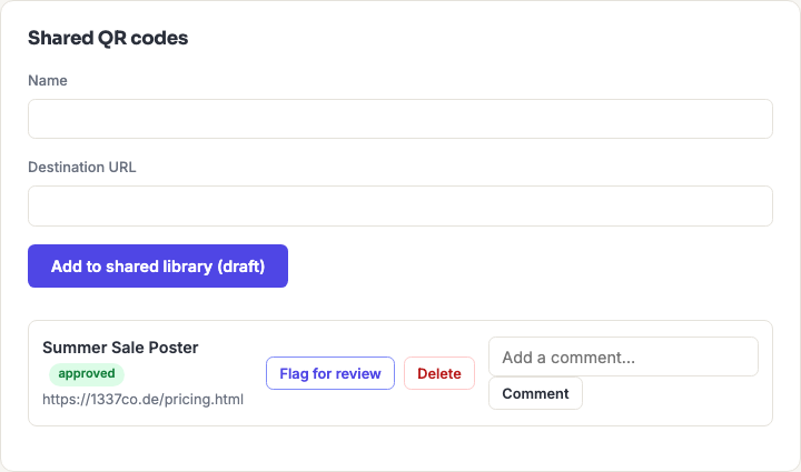 The shared QR library showing an approved QR code with a comment thread and Flag for review/Delete actions.