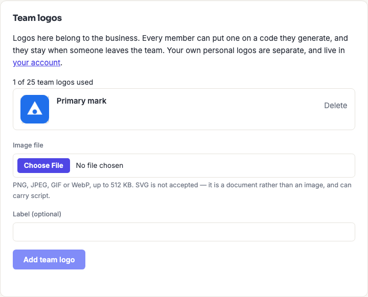 The Team logos panel on the Business page, showing one saved logo labelled Primary mark with a Delete action, above the form for adding another.