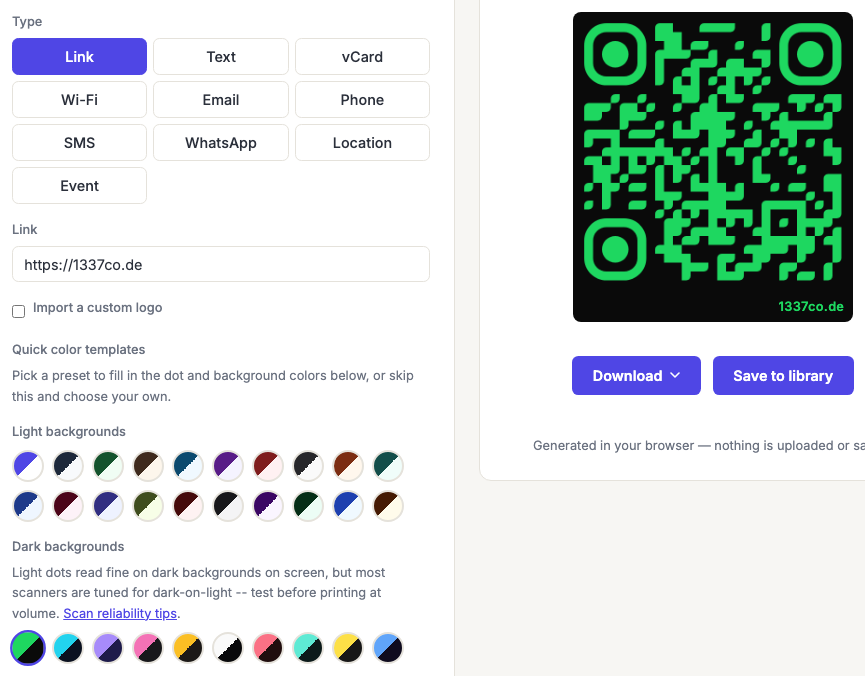 A dark-background colour template applied, with the resulting light-on-dark QR code preview.