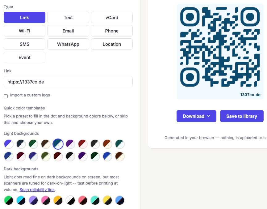 Custom dot and background colours set in the generator, with the resulting QR code preview.
