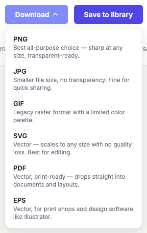 The Download dropdown open, showing the PNG, JPG, GIF, SVG, PDF and EPS format options with their descriptions.