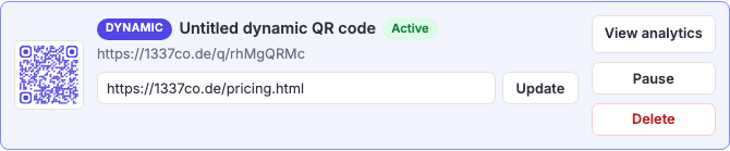 A dynamic QR code entry in the library, showing its short URL, an editable destination field, and View analytics, Pause and Delete buttons.