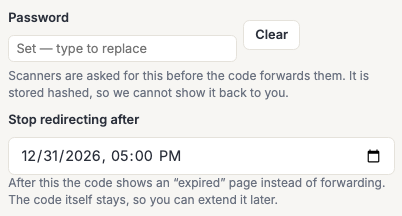 The Routing and scheduling panel of a configured code: the Password field reads "Set — type to replace" with a Clear button beside it, and Stop redirecting after holds a date and time.