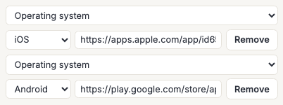 Two saved routing rules in the library: an Operating system rule sending iOS to an App Store link, and a second sending Android to a Google Play link, each with a Remove button.