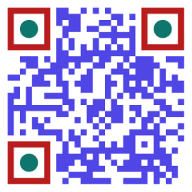 A QR code with blue dots, dark red eye frames and teal eye centres, showing all three corners styled the same way.