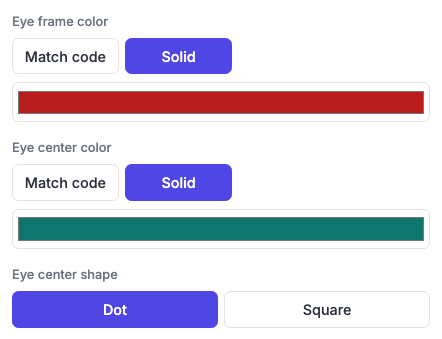 The generator's Eye frame color, Eye center color and Eye center shape controls, with both colours switched from Match code to Solid and set to red and teal.