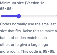 The generator's Minimum size slider raised to Version 12, with the note underneath reading "This code is 65x65".