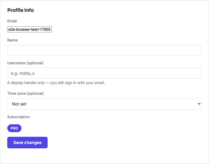 The Profile info panel showing the email, name, username, time zone and subscription fields.
