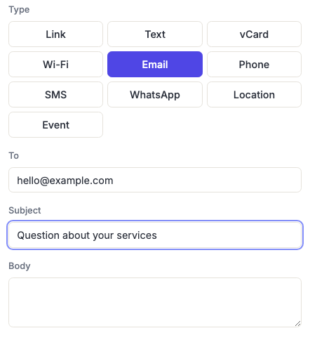 The generator's type selector with Email chosen, showing the To, Subject and Body fields.