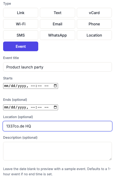The generator's type selector with Event chosen, showing the event title, start and end time, location and description fields.