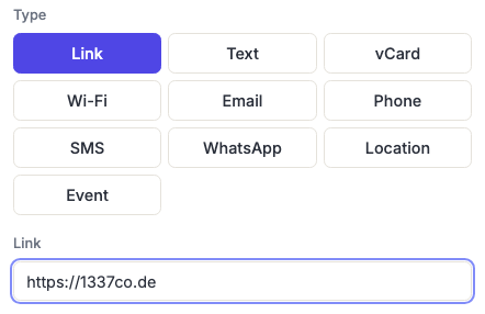 The generator's type selector with Link chosen, showing the URL field filled in.