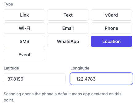 The generator's type selector with Location chosen, showing the latitude and longitude fields.