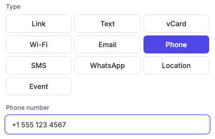 The generator's type selector with Phone chosen, showing the phone number field.