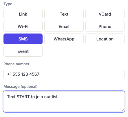The generator's type selector with SMS chosen, showing the phone number and message fields.