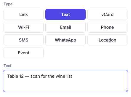 The generator's type selector with Text chosen, showing the message field filled in.
