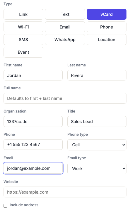 The generator's type selector with vCard chosen, showing the name, organization, phone, email and address fields.