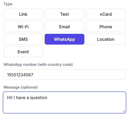 The generator's type selector with WhatsApp chosen, showing the number and optional message fields.