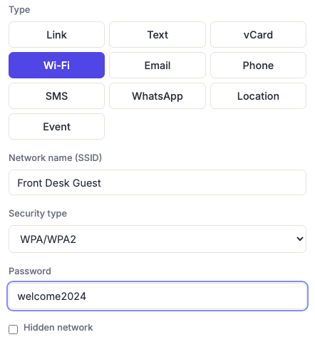 The generator's type selector with Wi-Fi chosen, showing the network name, security type, password and hidden network fields.
