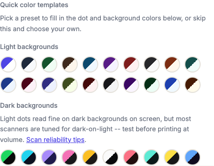 The quick color template swatch rows, showing the light and dark background groups.