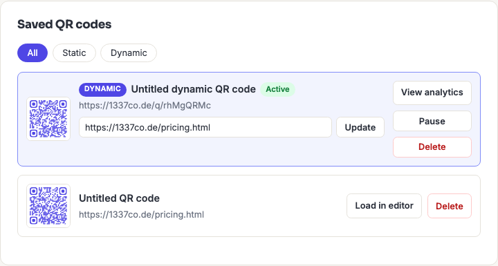 The saved QR code library page showing saved items with thumbnails and Load in editor and Delete buttons.