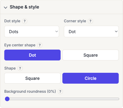 The generator's Shape & style section, open, showing the dot style, corner style, eye center shape, overall shape and background roundness controls.