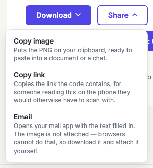 The Share menu open beside the Download button, listing Copy image, Copy link and Email.