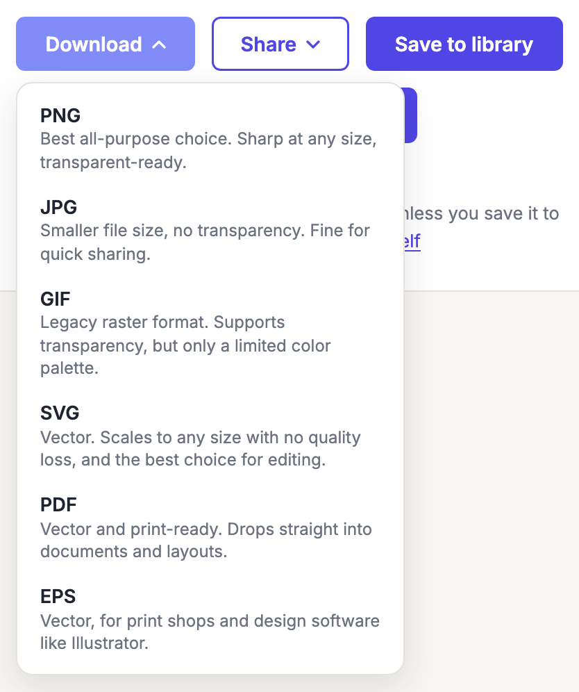 The download menu open, listing PNG, JPG, GIF, SVG, PDF and EPS, each with a one-line description of what it is best for.