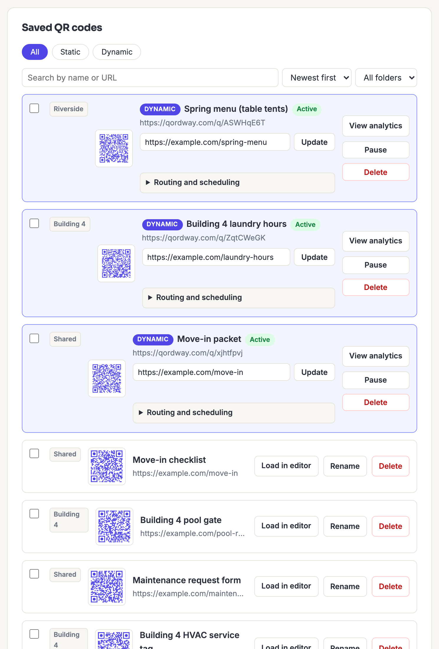 The saved QR code library, showing a search box, an All/Static/Dynamic filter, a sort control, a folder filter, and a list of codes tagged by folder. Dynamic codes are highlighted with a badge and carry Update, Pause and Delete controls.